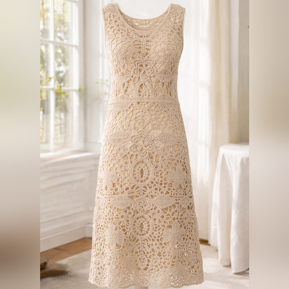 Crochet Midi Dress Size 6 Cream Boho Cottagecore Sleeveless